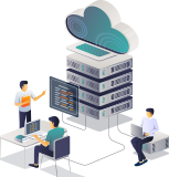 Cloud computing server with developers coding and managing data.