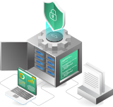 Data server with security shield, laptop, and documents. Data protection concept.