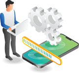 App update: person with laptop, gears, progress bar on phone.