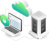 Secure cloud network with laptop, server, and shield icon for home data protection.