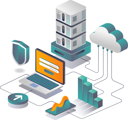 Data infrastructure illustration: server, cloud, laptop with login, shield, and data graphs.