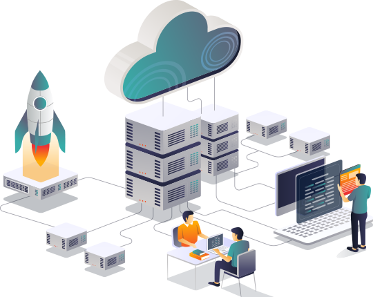 Cloud computing infrastructure with servers, developers, and a launching rocket.