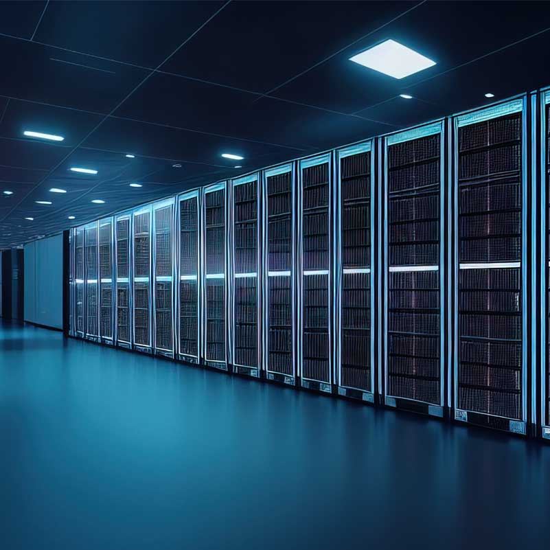 Data center with rows of server racks in a cool, blue-lit room.