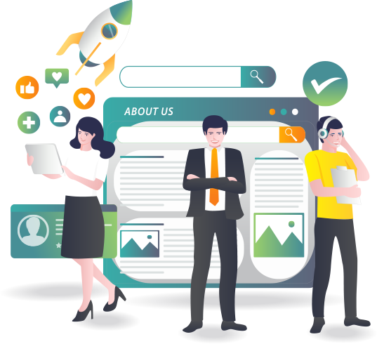 About Us page illustration: Team standing in front of website design with rocket launching.