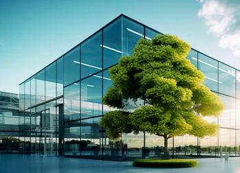 Modern glass office building with a vibrant green tree in front. Sustainable architecture.