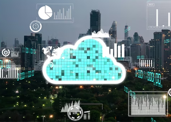 Cloud computing graphic overlay on a city skyline with data visualizations.