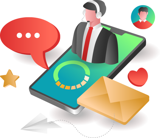 Contact support: Customer service agent on phone screen with chat, email, and profile icons.