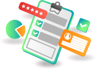 Clipboard with checklist, pie chart, rating stars, and business card.