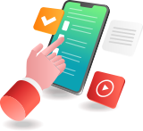 Hand interacting with a smartphone showing a checklist, document, and video icon.