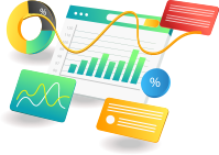 Data analytics illustration with graphs, charts, and rising trend line.