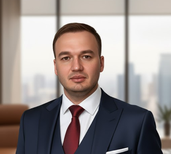 Professional man in suit and tie in office setting. About section image.