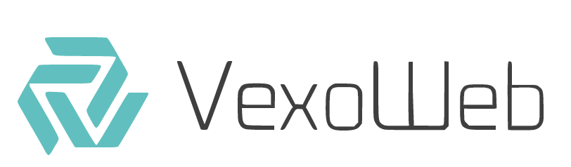 VexoWeb logo featuring a stylized geometric icon and the company name.