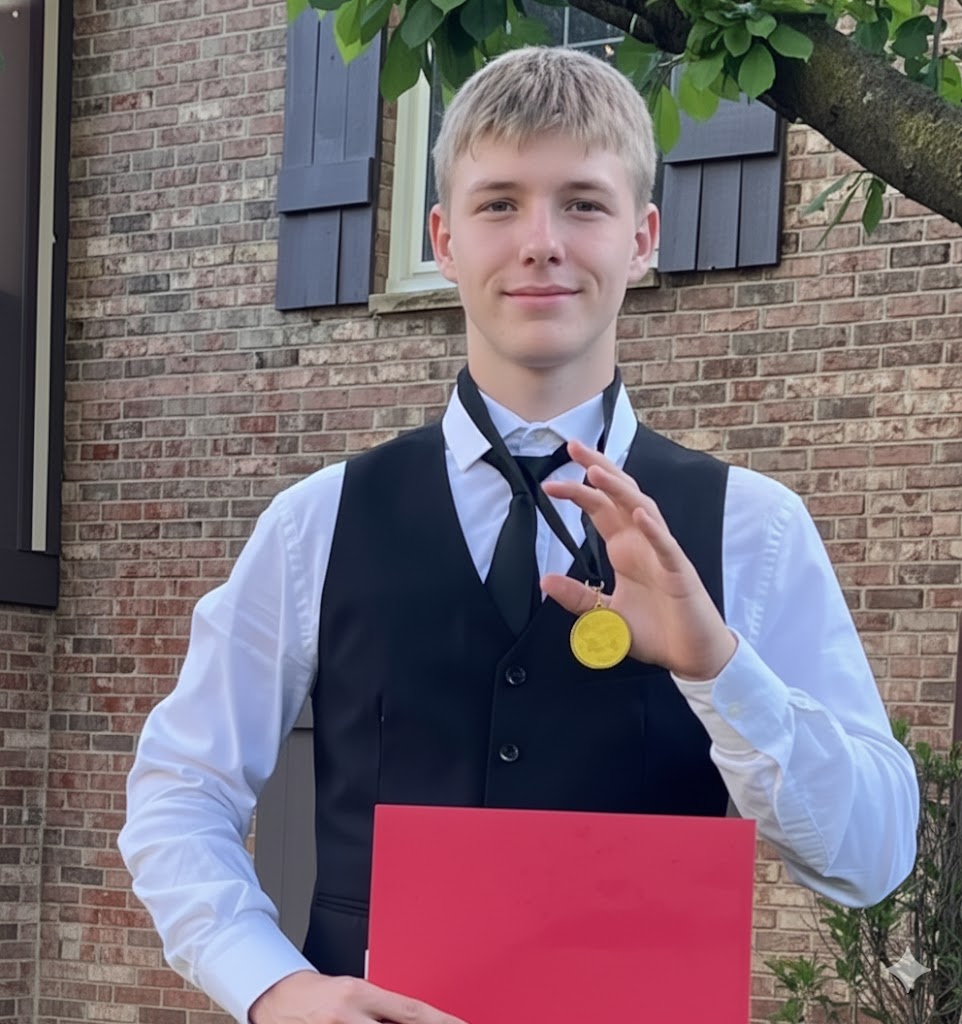 Young man in vest and tie holding a medal and red folder. Achievement.